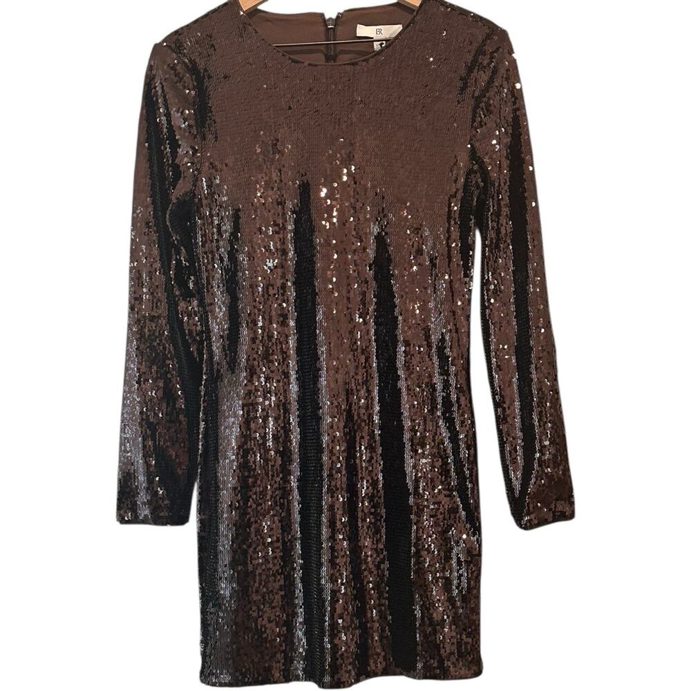 Banana Republic Stretch Sequin Chocolate Ganache Brown Long Sleeve Dress Sz M - Picture 2 of 7